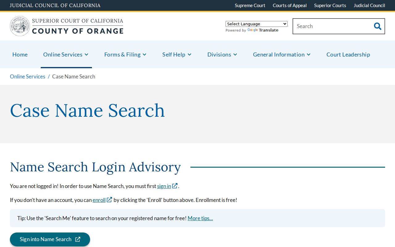 Seal Beach resident lookup Orange County Case Name Search controls